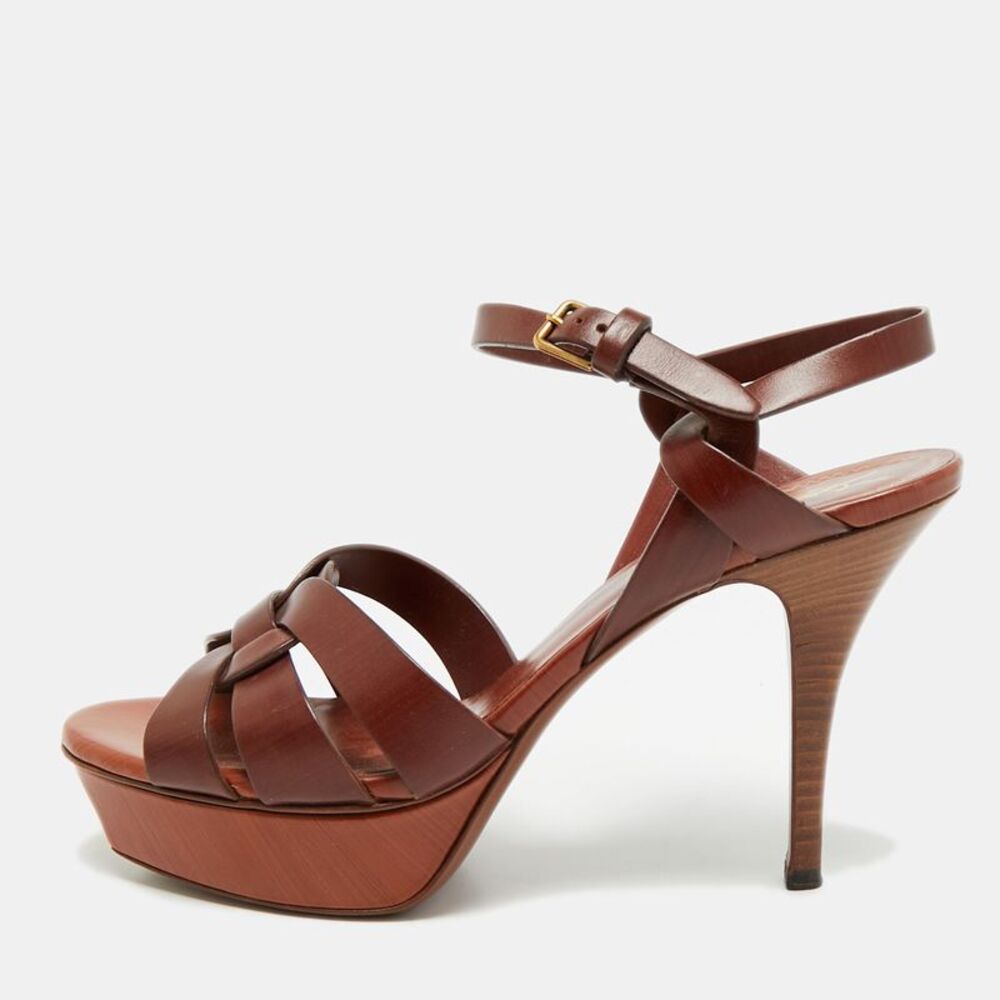 Saint Laurent Tribute Size 37 Dark Brown Leather Ankle Strap Sandals